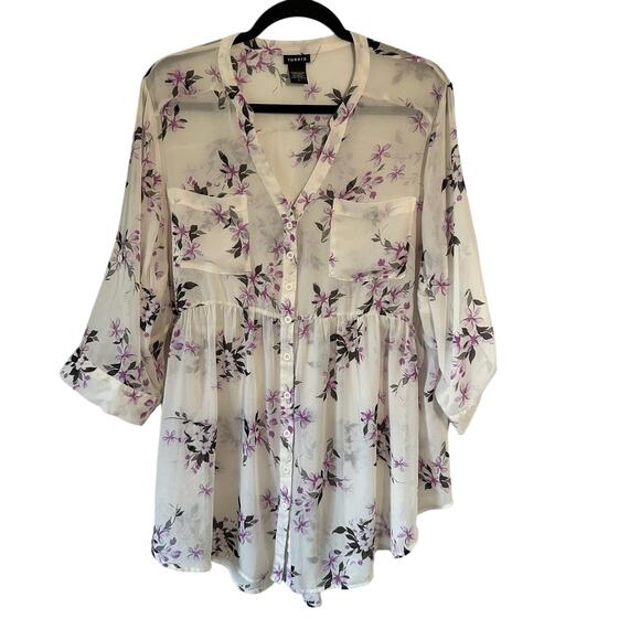 torrid Tops - Torrid Size 2X White Emma Babydoll Top Tunic Purple Floral Semi Sheer Fairy